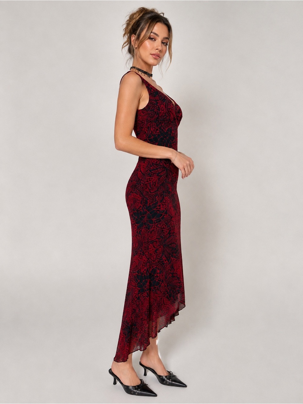 Ruby Rox Y2K Mesh Overlay Asymmetrical Hem Dress Paisley Print | Size M - Picture 15 of 15